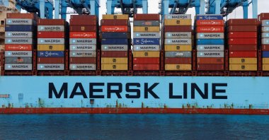 Containers are seen on the Maersk&#039;s Triple-E giant container ship Majestic Maersk, one of the world&#039;s largest container ships, next to cranes at the APM Terminals in the port of Algeciras, Spain, Jan. 20, 2023. (Reuters Photo)
