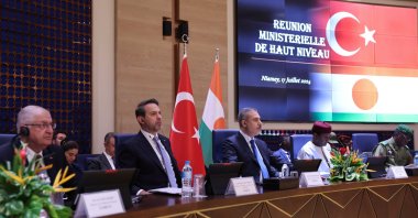 Defense Minister Yaşar Güler (L), Energy Minister Alparslan Bayraktar (2nd L), Foreign Minister Hakan Fidan (3rd L) and Niger Prime Minister Ali Mahamane Lamine Zeine (2nd R) attend a meeting in Niamey, Niger, July 17, 2024. (AA Photo)