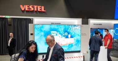 The logo of Vestel, a Turkish home and professional appliances manufacturing company specializing in electronics, major appliances and information technology, is seen during an electronics fair, Berlin, Germany, Sept. 5, 2022. (Reuters Photo)