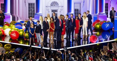 Republican presidential nominee and former President Donald Trump (C), surrounded by members of his family, celebrates after delivering remarks during the last day of the Republican National Convention (RNC), Milwaukee, Wisconsin, U.S., July 18, 2024. (EPA Photo)