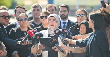 Ayşe Ateş (C), widow of Turkish nationalist Sinan Ateş who was murdered in 2022, holds a press briefing after a hearing in the capital Ankara, Türkiye, July 19, 2024. (AA Photo)
