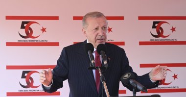President Recep Tayyip Erdoğan speaks at a ceremony in Lefkoşa (Nicosia), TRNC, July 20, 2024. (AA Photo)