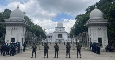 Armed Bangladeshi soldiers stand guard outside the Supreme Court in Dhaka, Bangladesh, July 21, 2024. (EPA Photo)