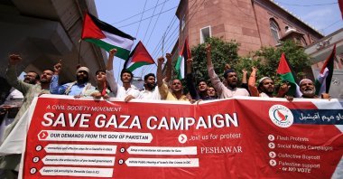 Civil society activists shout slogans during a protest rally in solidarity with the Palestinian people in Peshawar, Pakistan, July 19, 2024. (EPA Photo)