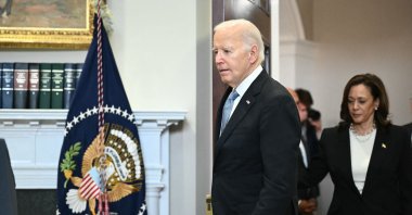 U.S. President Joe Biden and Vice President Kamala Harris arrive to speak from the Roosevelt Room of the White House in Washington, DC, on July 14, 2024. (AFP Photo)