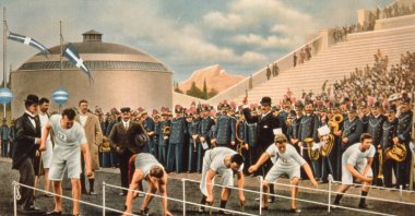 The start of the 100 meters during the 1896 Olympic Games, in the Panathenaic Stadium, Athens, Greece. (Getty Images Photo)