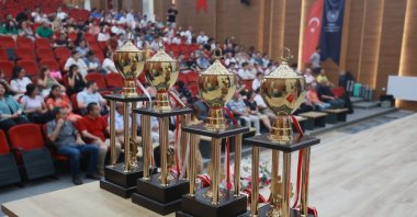 Turkish Chess First and Second League tournament trophies on display at the award-giving ceremony, Denizli, Türkiye, July 21, 2024. (IHA Photo)