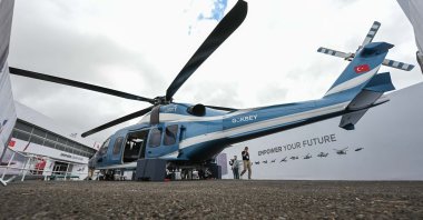 A general view of T625 Gökbey developed by Turkish Aerospace Industries (TAI) on the opening day of the Farnborough International Airshow 2024, southwest of London, U.K., July 22, 2024. (AA Photo)