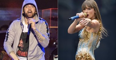 Eminem performs at the Bonnaroo Music and Arts Festival, Tennessee, U.S., June 9, 2018, (L), and Taylor Swift performs at Wembley Stadium in London as part of her Eras Tour, U.K., June 21, 2024. (AP Photo)