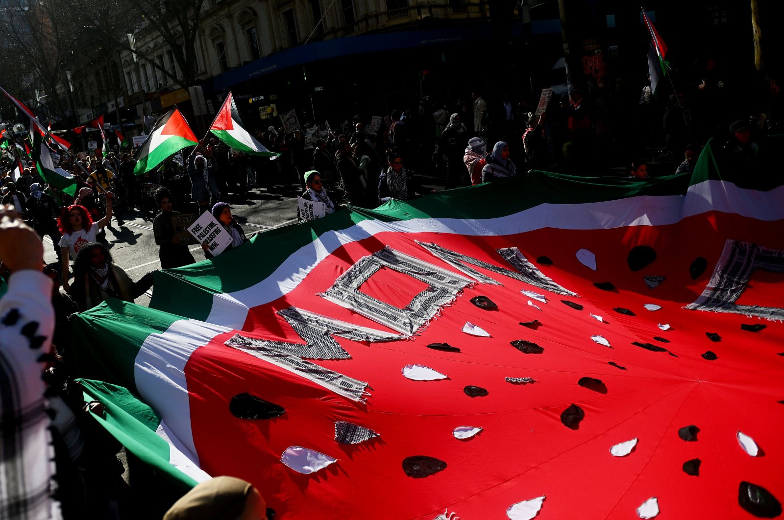 Protesters carry flags during a pro-Palestine rally at the State Library of Victoria, Melbourne, Australia, July 21, 2024.  (EPA Photo)