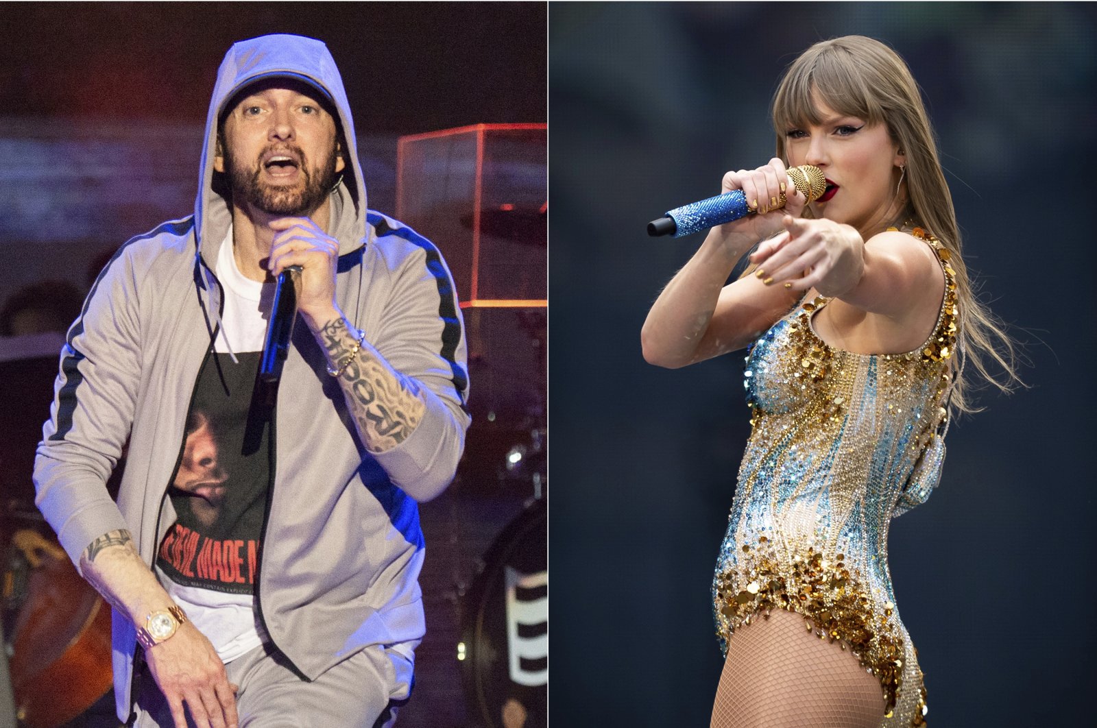 Eminem performs at the Bonnaroo Music and Arts Festival, Tennessee, U.S., June 9, 2018, (L), and Taylor Swift performs at Wembley Stadium in London as part of her Eras Tour, U.K., June 21, 2024. (AP Photo)