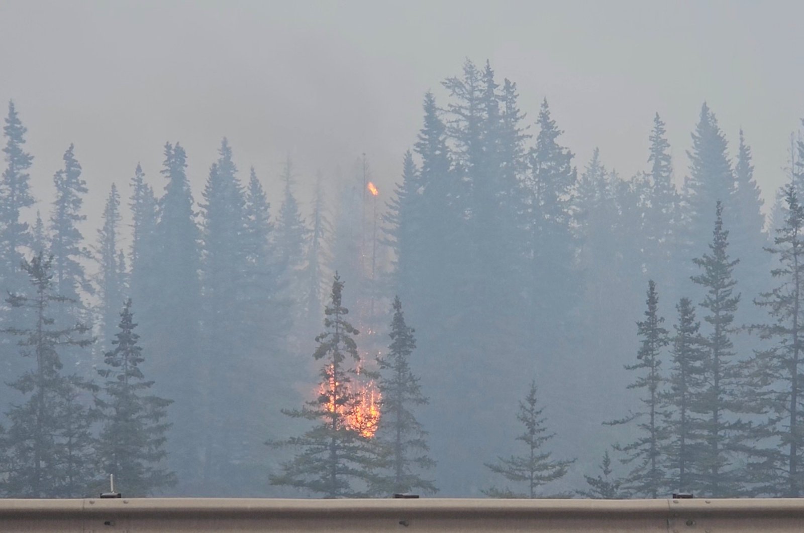 Flames and smoke rise from a burning wildfire, as seen from a highway, in Jasper, Alberta, Canada, July 23, 2024, in this screen grab obtained from a social media video. (Donald Schroll/via Reuters)