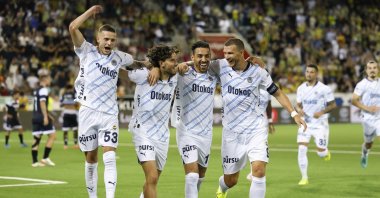 Fenerbahçe players celebrate a goal in a UEFA Champions League qualifying second round first leg soccer match against FC Lugano in Thun, Switzerland, July 23, 2024. (EPA Photo)