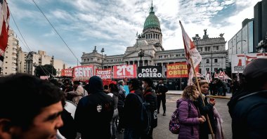People participate in a demonstration during a debate in the Chamber of Deputies, Buenos Aires, Argentina, June 27, 2024. (EPA Photo)