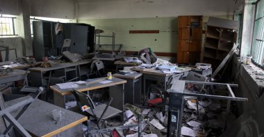 This undated photo shows a view of a classroom destroyed in Israeli attacks on Gaza, Palestine.