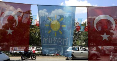 The flags of Türkiye and the Good Party (IP) decorate a street, Ankara, Türkiye, June 23, 2018. (AP Photo)