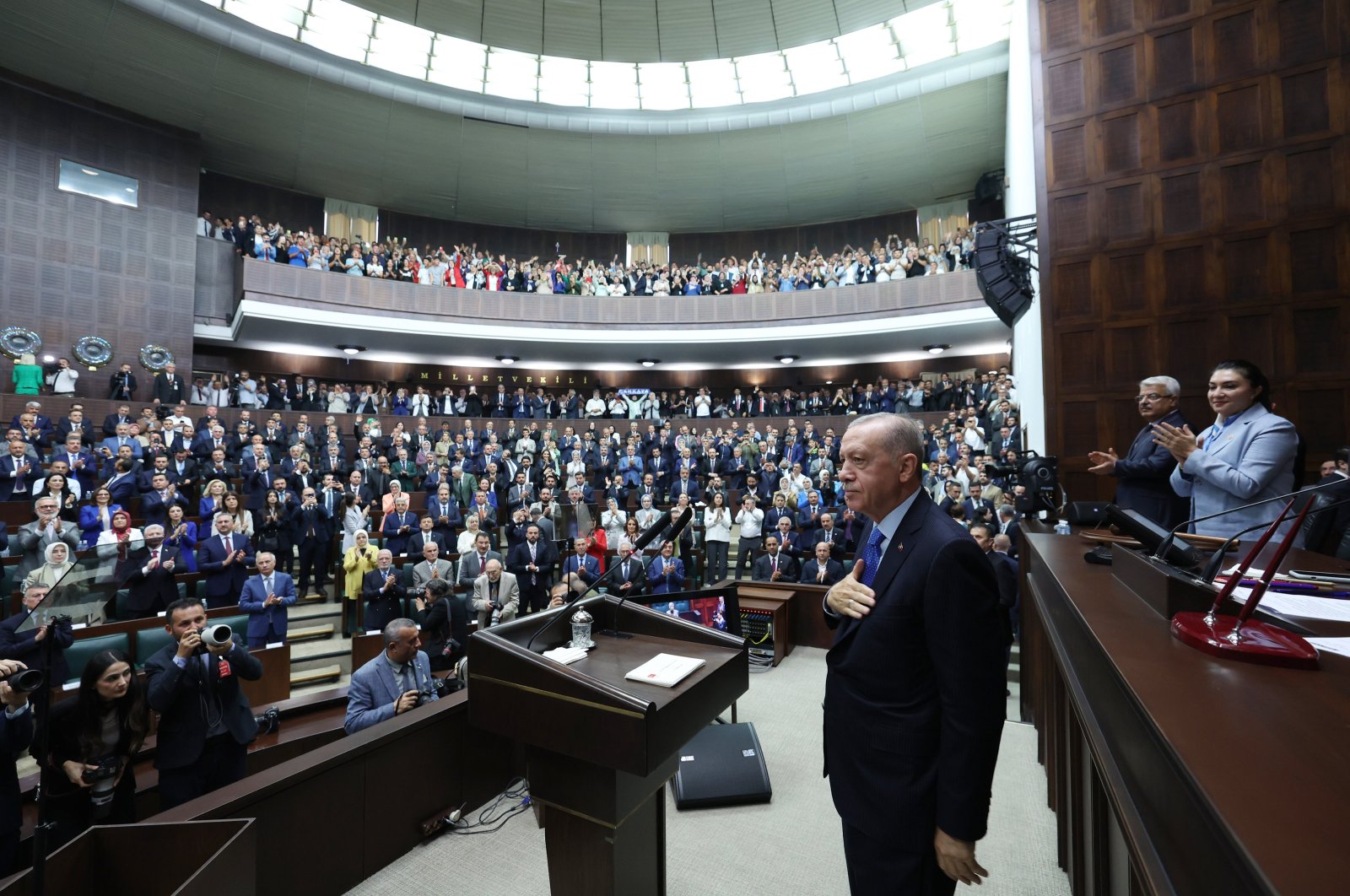 President Recep Tayyip Erdoğan greets lawmakers of his ruling Justice and Development Party (AK Party) at a parliamentary meeting in the capital Ankara, Türkiye, July 24, 2024. (AA Photo)