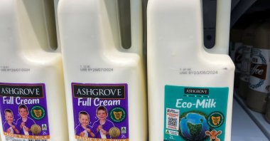 A bottle of &quot;Eco-Milk,&quot; produced by cows fed with seaweed that makes them emit less greenhouse gas, sits on a supermarket shelf in Riverside, Tasmania, Australia, July 19, 2024. (Reuters Photo)