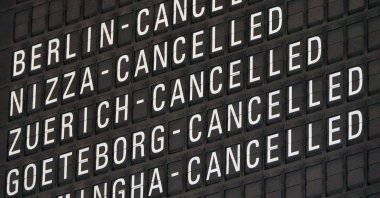 A display shows canceled flights on the day activists of the "Letzte Generation" (Last Generation) staged a demonstration near the runways at the airport in Frankfurt, Germany, July 25, 2024. (Reuters Photo)
