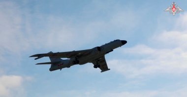 A Chinese H-6K bomber takes off from an unidentified location to conduct joint Russian and Chinese military plane patrols near the U.S. state of Alaska, July 25, 2024. (Reuters Photo)