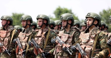 Armenian servicemen take part in the opening ceremony of the joint Armenia-U.S. military exercise, dubbed Eagle Partner 2024, in Yerevan, July 15, 2024. (Armenian Defense Ministry Handout via AFP)
