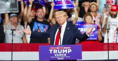 Republican presidential candidate Donald J. Trump speaks during a campaign rally at Bojangles Coliseum in Charlotte, North Carolina, U.S., July 24, 2024. (EPA Photo)