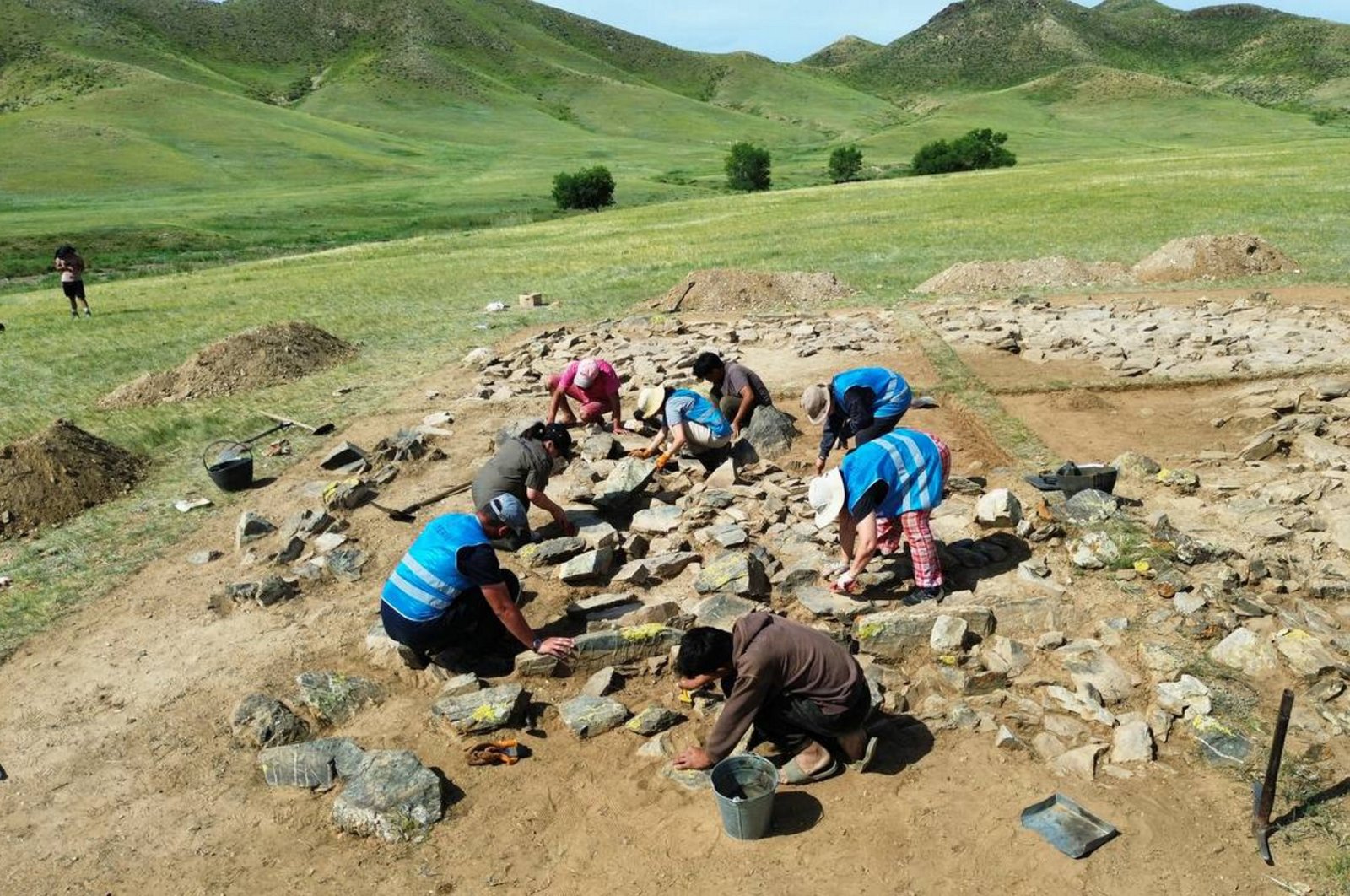 The Turkish-Mongolian archaeological team excavates graves on Bogd Khan Mountain near Ulaanbaatar, Mongolia, July 24, 2024. (AA Photo)