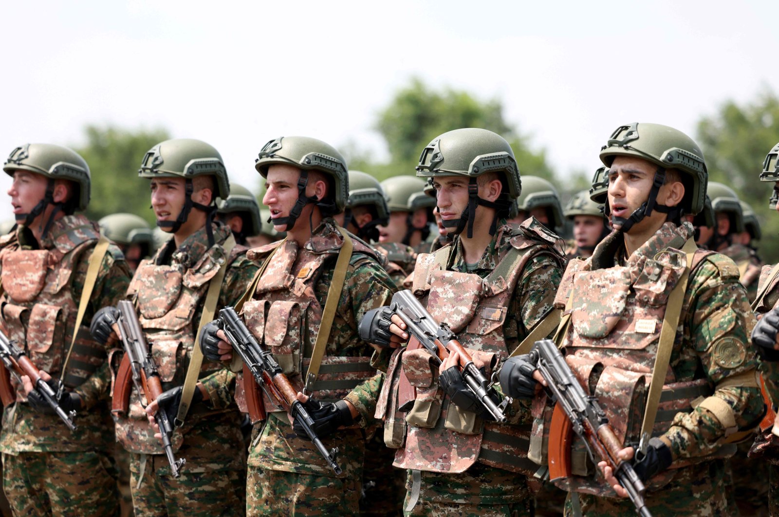 Armenian servicemen take part in the opening ceremony of the joint Armenia-U.S. military exercise, dubbed Eagle Partner 2024, in Yerevan, July 15, 2024. (Armenian Defense Ministry Handout via AFP)