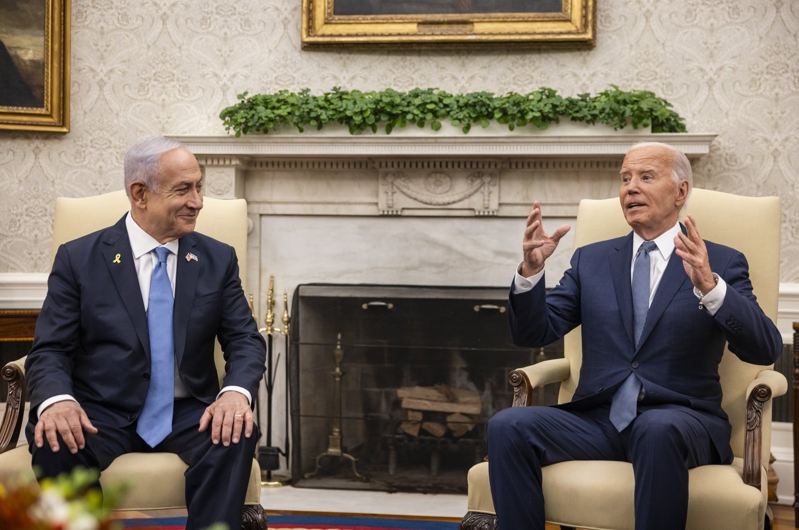 Israeli Prime Minister Benjamin Netanyahu listens to U.S. President Joe Biden during a bilateral meeting in the Oval Office at the White House, in Washington, D.C., July 25, 2024. (EPA Photo)