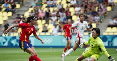 Spain&#039;s Aitana Bonmati of Spain scores their first goal during the Paris 2024 Olympics women&#039;s football Group C match against Japan at the La Beaujoire Stadium, Nantes, France, July 25, 2024. (Reuters Photo)