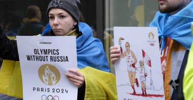 A group of Ukrainians demonstrate in front of the European headquarters of the International Olympic Committee (IOC), Brussels, Belgium, March 29, 2023. (Getty Images Photo)