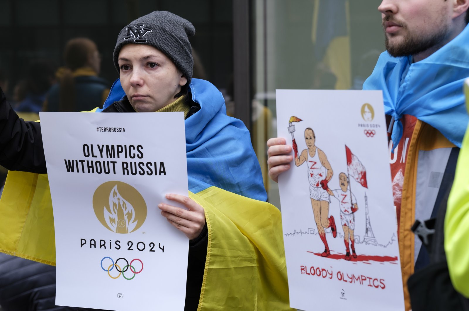 A group of Ukrainians demonstrate in front of the European headquarters of the International Olympic Committee (IOC), Brussels, Belgium, March 29, 2023. (Getty Images Photo)