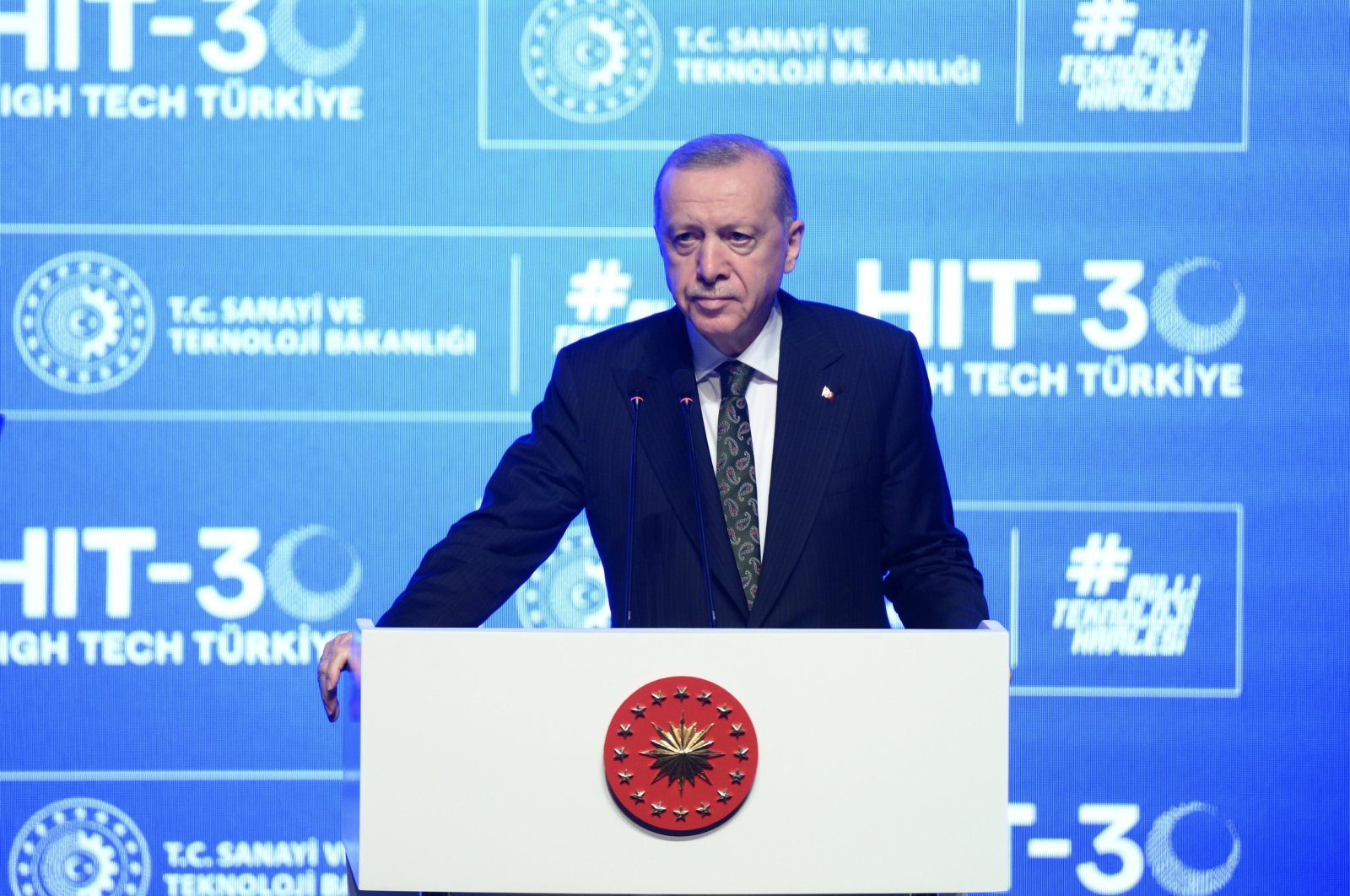 President Recep Tayyip Erdoğan speaks during an event to present the HIT-30 High Technology Incentive Program, Istanbul, Türkiye, July 26, 2024. (AA Photo)