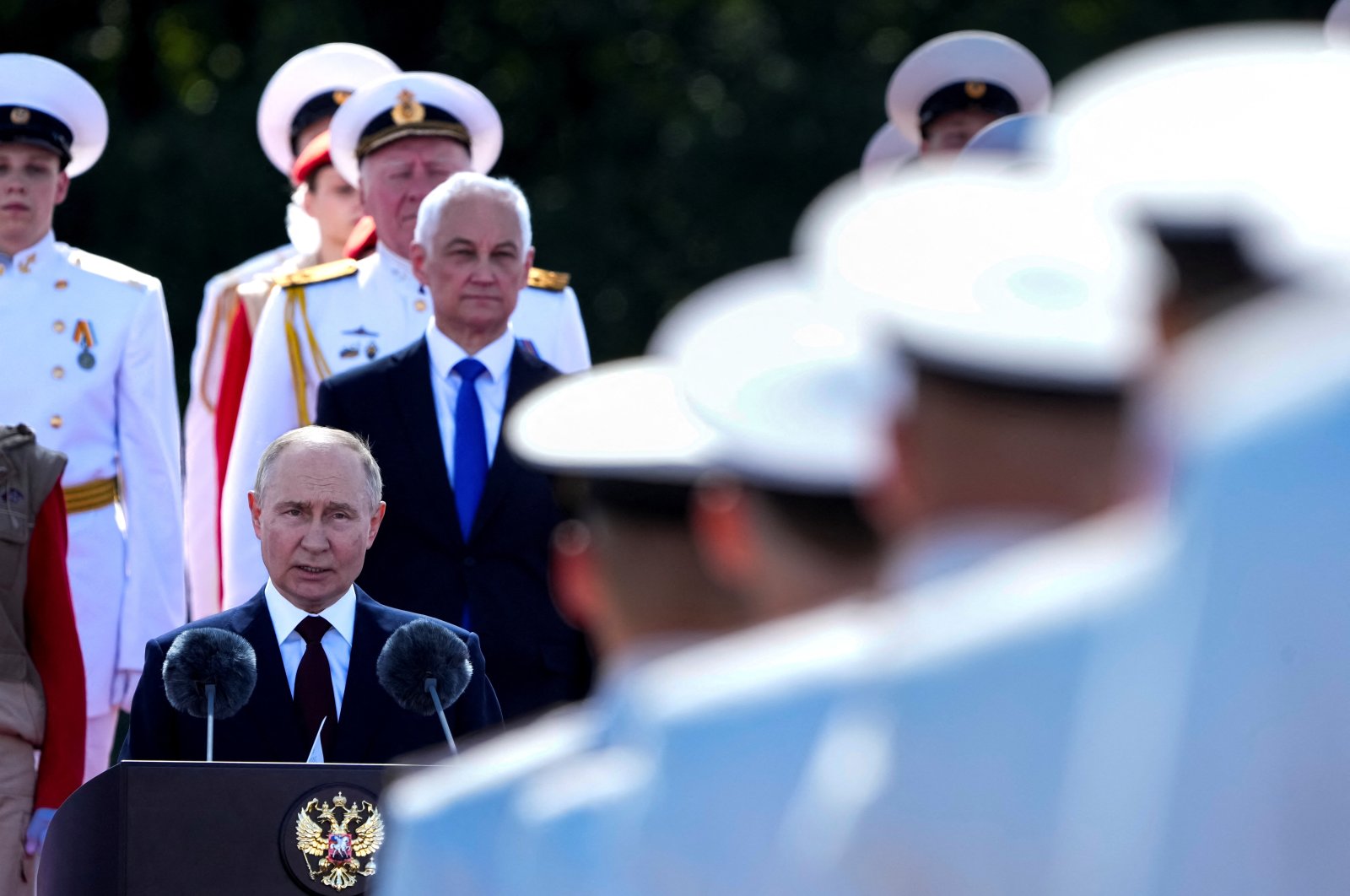 Russia&#039;s President Vladimir Putin delivers a speech during the annual Navy Day parade in St. Petersburg, Russia, July 28, 2024. (Reuters Photo)