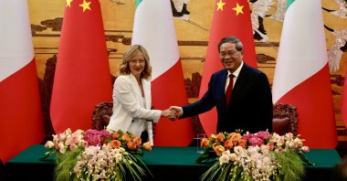 A handout photo made available by Chigi Palace shows Chinese Prime Minister Li Qiang (R) and Italian Prime Minister Giorgia Meloni (L) during their meeting at the Great Hall of the People in Beijing, China, July 28, 2024. (EPA Photo)