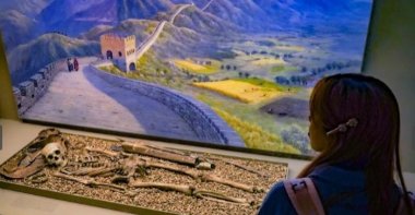 The skeletal remains of a nomadic warrior discovered in Outer Mongolia in 1925 are displayed before their removal from public viewing, at the American Museum of Natural History, New York, U.S., Oct. 17, 2023. (AP Photo)