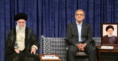 Iranian Supreme Leader Ayatollah Ali Khamenei (L) and President-elect Masoud Pezeshikan (R) attend the endorsement ceremony of the new president, Tehran, Iran, July 28, 2024. (EPA Photo)