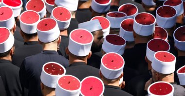 Druze elders, who follow an offshoot of Shiite Islam, gather during a funeral in Majdal Shams, in the Israel-occupied Golan Heights, July 28, 2024. (AFP Photo)