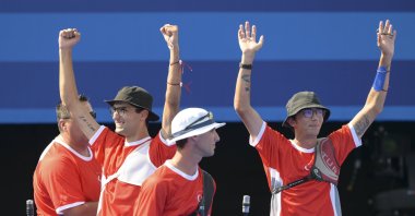 Turkish archers wave during the match against India at the Paris 2024 Olympics, Paris, France, July 29, 2024. (AA Photo)