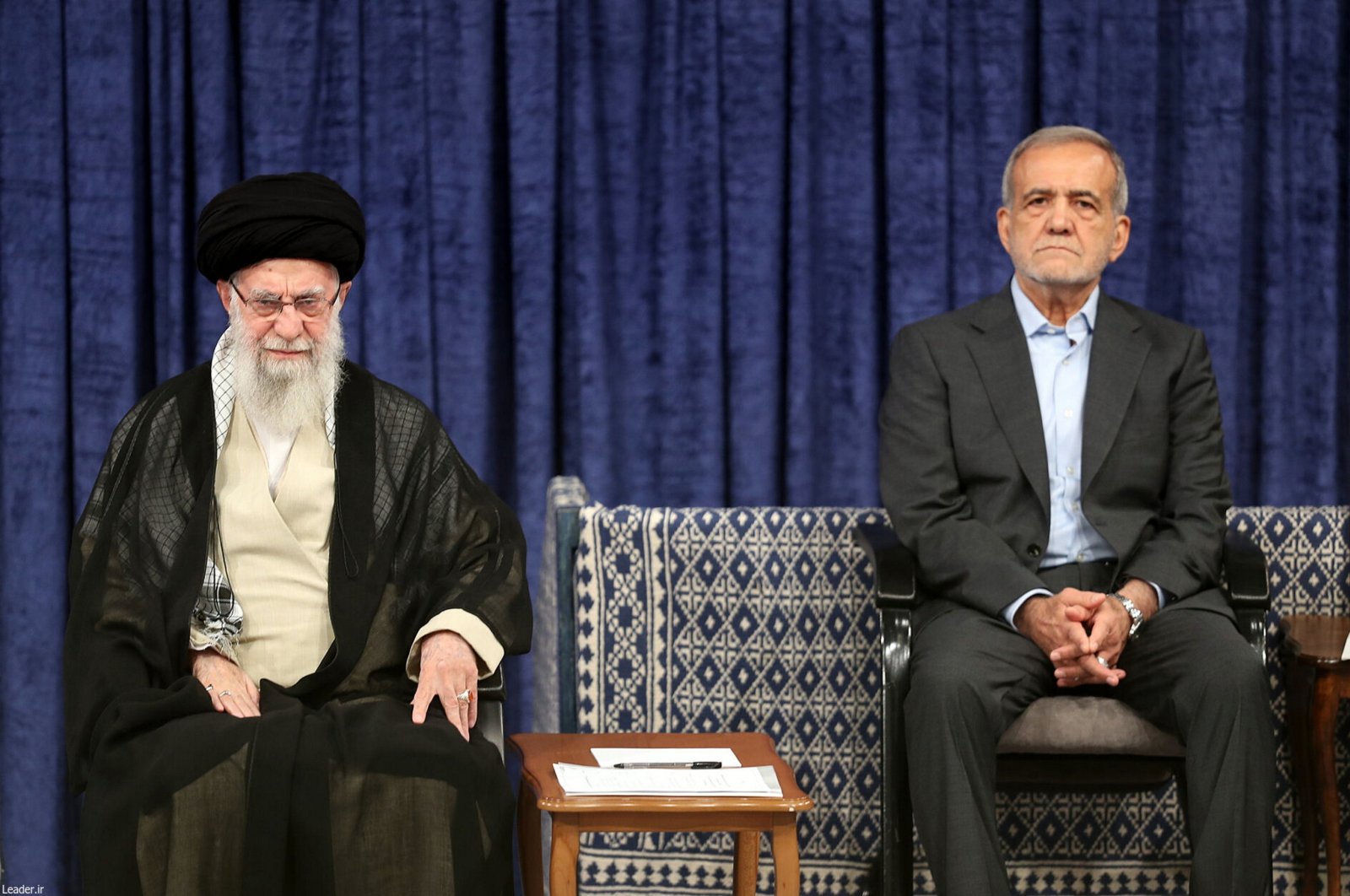 Iranian Supreme Leader Ayatollah Ali Khamenei (L) and President-elect Masoud Pezeshikan (R) attend the endorsement ceremony of the new president, Tehran, Iran, July 28, 2024. (EPA Photo)