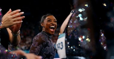 U.S.&#039; Simone Biles reacts after her performance on the Balance Beam during the Paris 2024 Olympics&#039; artistic gymnastics at the Bercy Arena, Paris, France, July 28, 2024. (Reuters Photo)