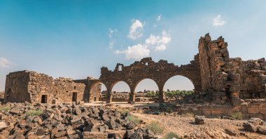 A handout image shows the West Church arches and west wall in the Umm al-Jimal archaeological site, which was added to the World Heritage List by UNESCO, Jordan, July 27, 2024. (AFP Photo)