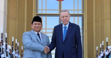 President Recep Tayyip Erdoğan shakes hands with Indonesian President-elect (L) in the capital Ankara, Türkiye, July 30, 2024. (DHA Photo)