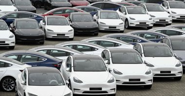 Tesla electric cars are stationed in a storage area in the Port of Zeebrugge, Brugge, Belgium, June 21, 2024. (AFP Photo)