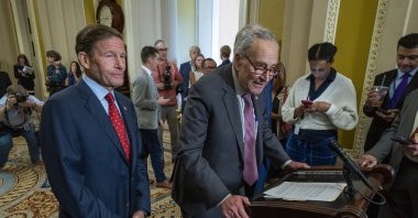 Senate Majority Leader Chuck Schumer responds to a question from the news media during a post Democratic luncheon press conference in the U.S. Capitol in Washington, DC, July 30, 2024. (EPA Photo)