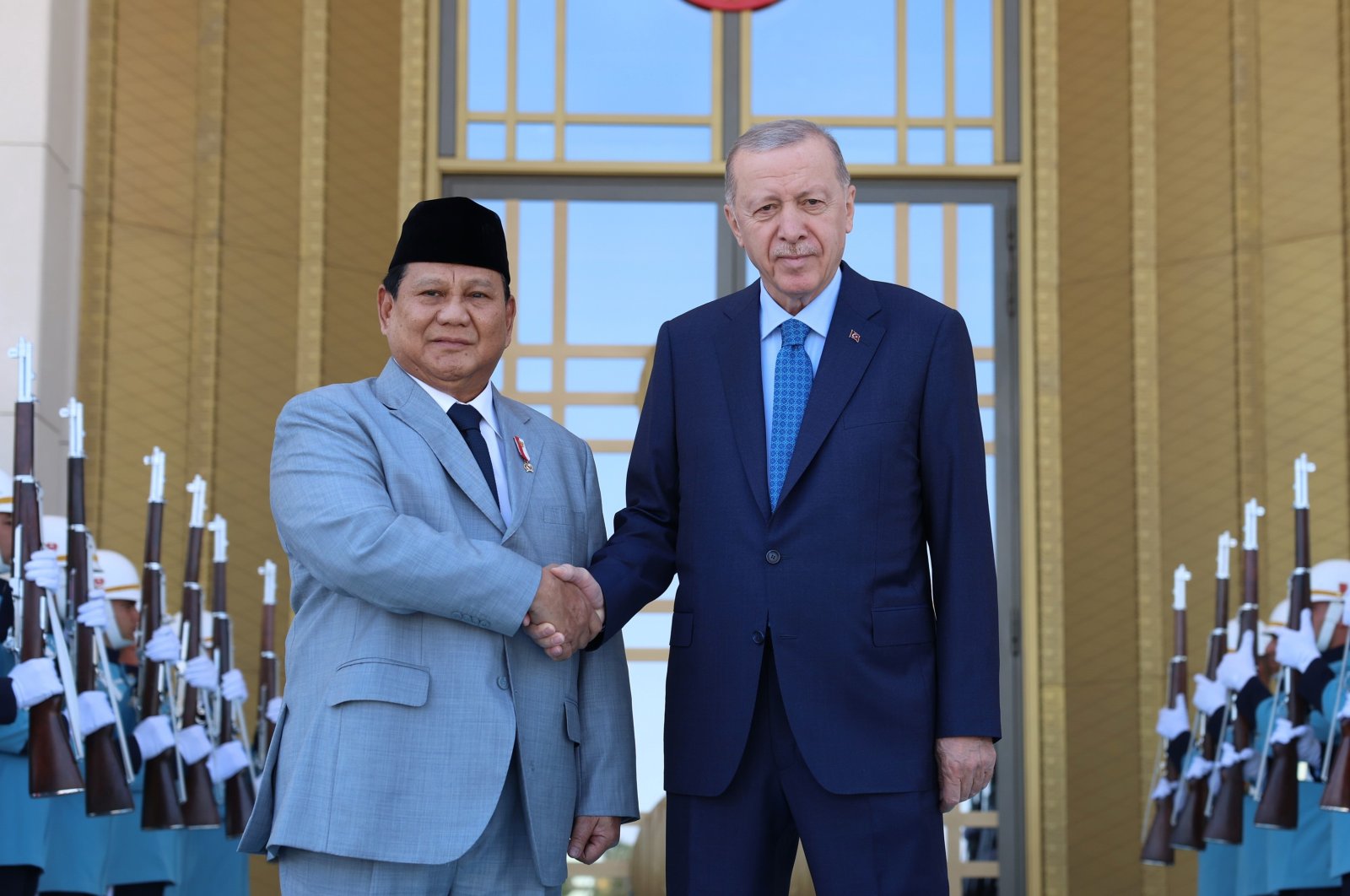 President Recep Tayyip Erdoğan shakes hands with Indonesian President-elect (L) in the capital Ankara, Türkiye, July 30, 2024. (DHA Photo)