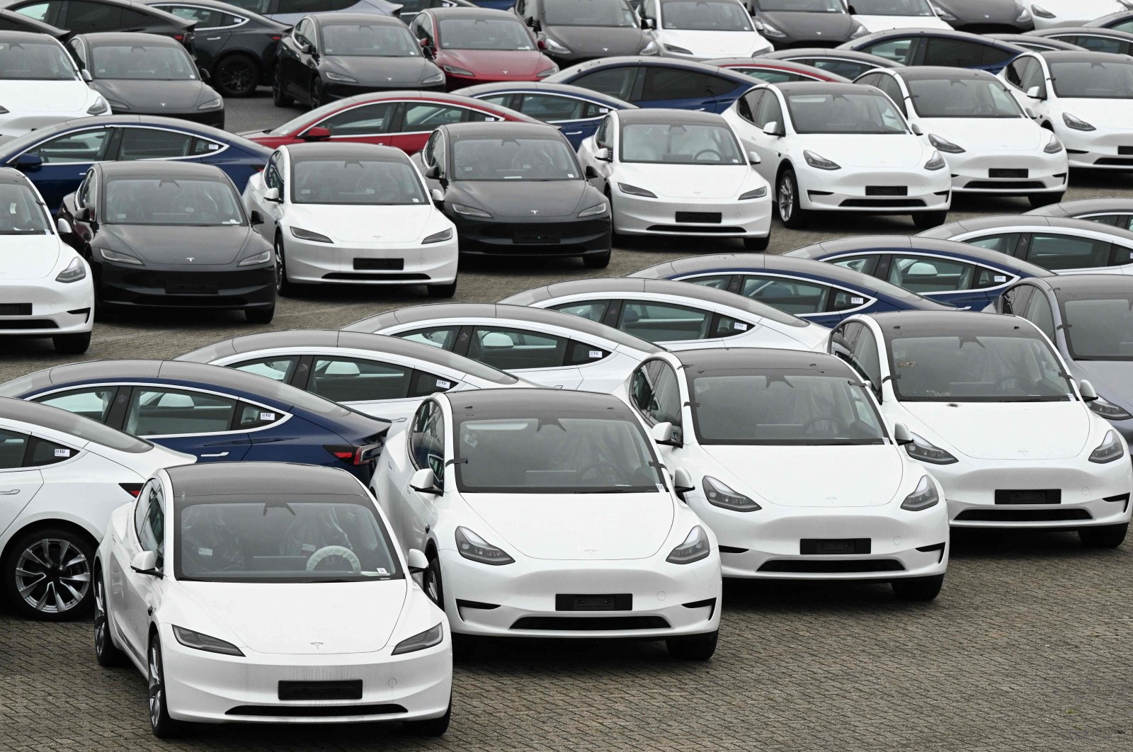 Tesla electric cars are stationed in a storage area in the Port of Zeebrugge, Brugge, Belgium, June 21, 2024. (AFP Photo)