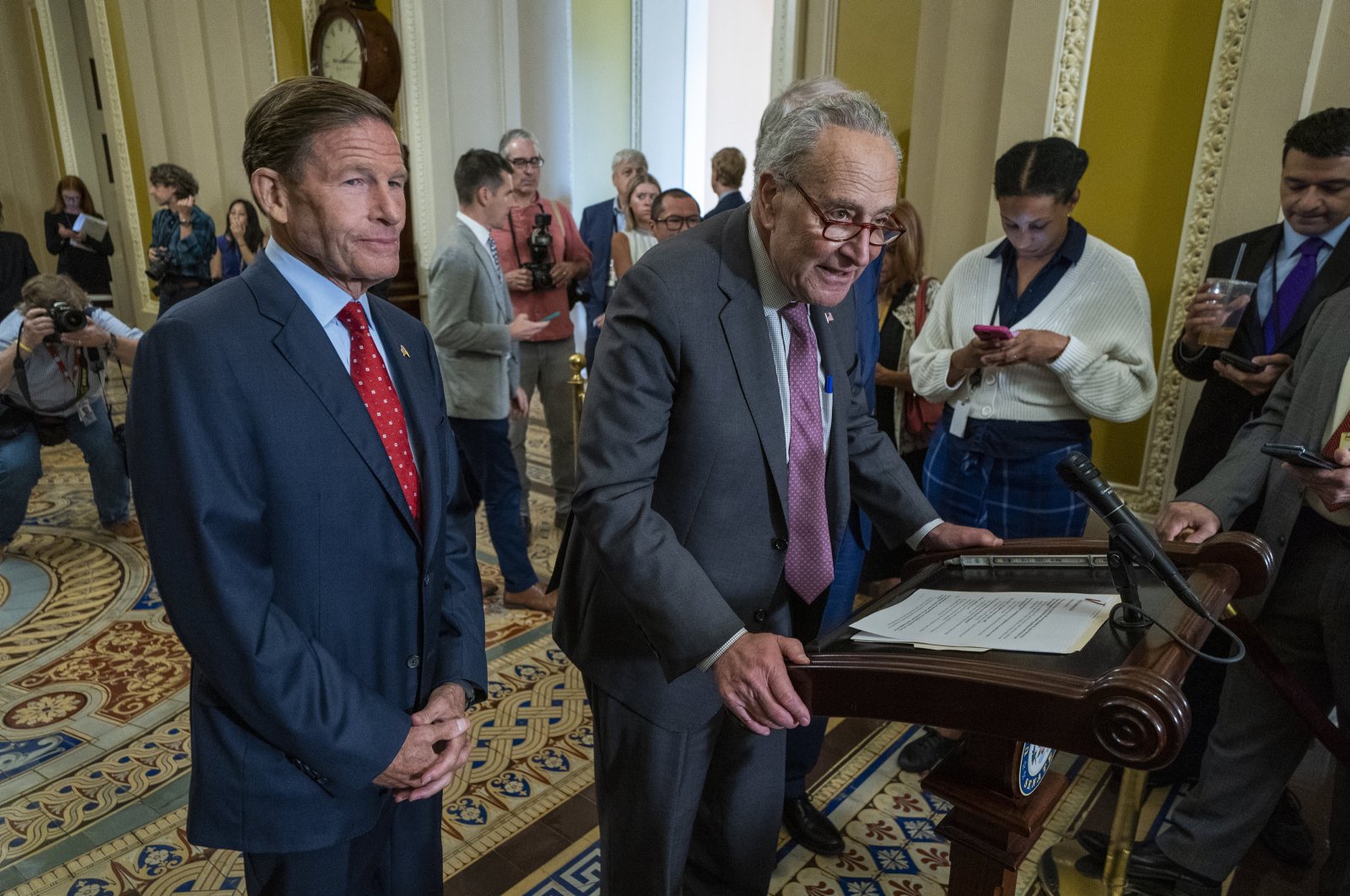 Senate Majority Leader Chuck Schumer responds to a question from the news media during a post Democratic luncheon press conference in the U.S. Capitol in Washington, DC, July 30, 2024. (EPA Photo)