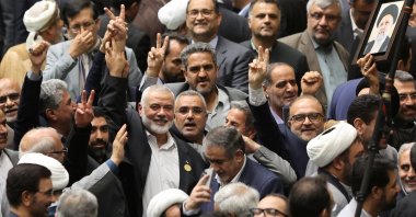 Hamas top leader Ismail Haniyeh (C) attends Iran&#039;s new President, Masoud Pezeshkian&#039;s swearing-in ceremony at the parliament in Tehran, Iran, July 30, 2024. (Reuters Photo)