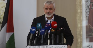 Hamas leader Ismail Haniyeh speaks during a meeting in Rabat, Morocco, June 16, 2021. (EPA Photo)